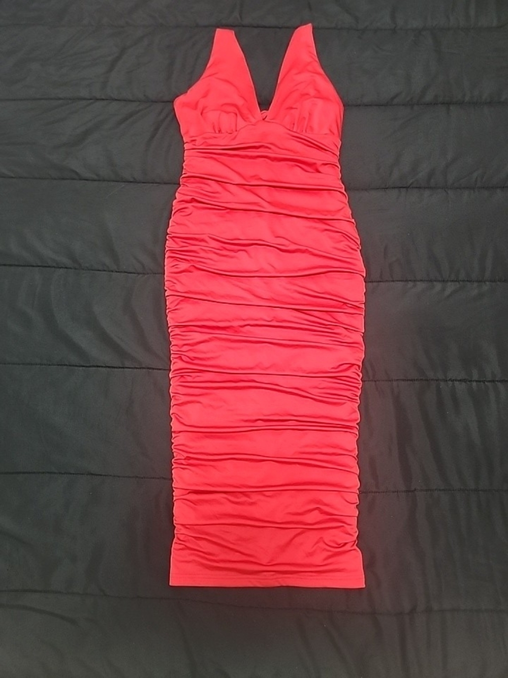 Red Midi Ruched V-Neck Dress
